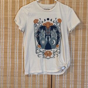 Lucky Brand Womens Celestial Art Nouveau Sun Moon Graphic Tee Cream XS Boho
